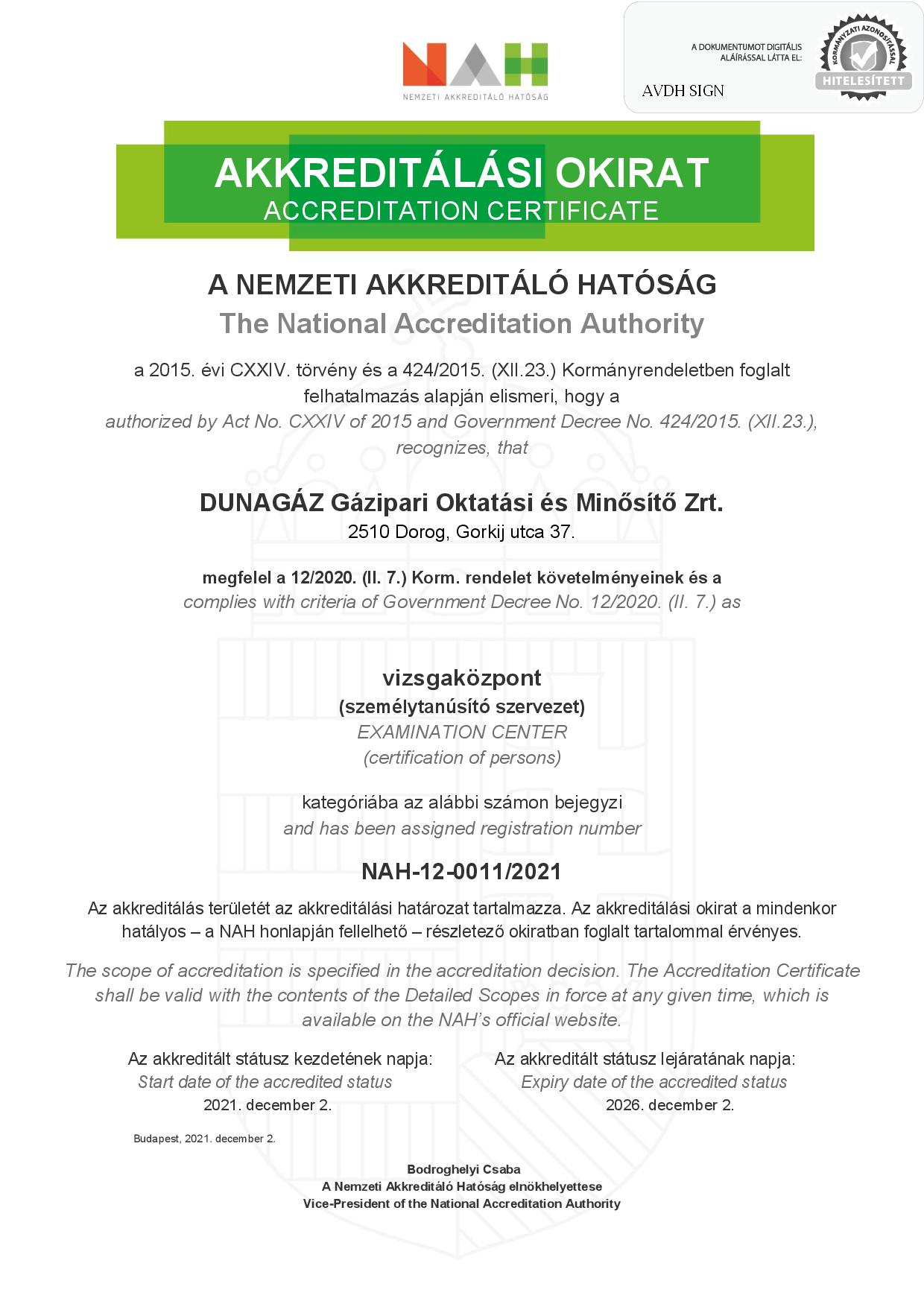 Akkreditációs okirat